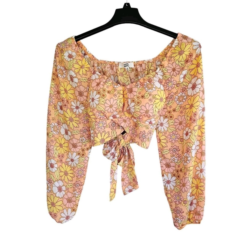 Madden NYC Crop Top Tie Back Blouse Shirt Flowers Size Medium